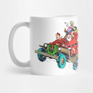 Retro Christmas Military truck at full speed with soldier carrying Santa Claus to deliver gift toys in Christmas fun Vintage Comic Book Mug